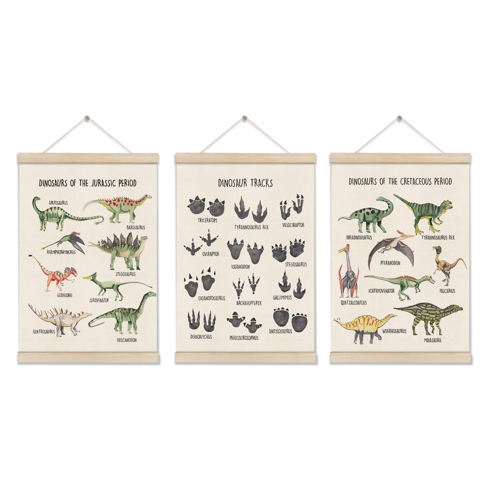 Set of 3 Dinosaur Posters Hanger Frame, Educational Artwork for Toddlers, Din...