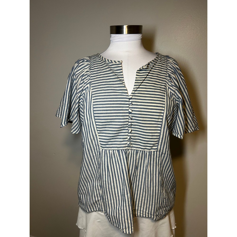 Madewell Womens Small Blue White Striped Short Sleeve Button Front Blouse Top