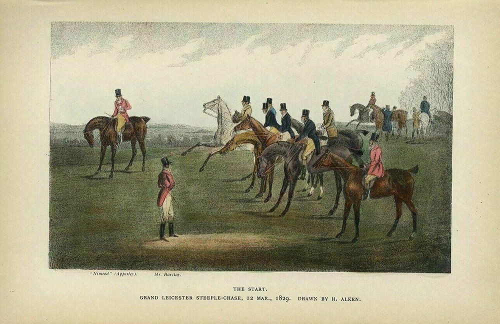 THE START OF THE STEEPLECHASE READING THE ARTICLES OF THE RACE HORSES AND RIDERS