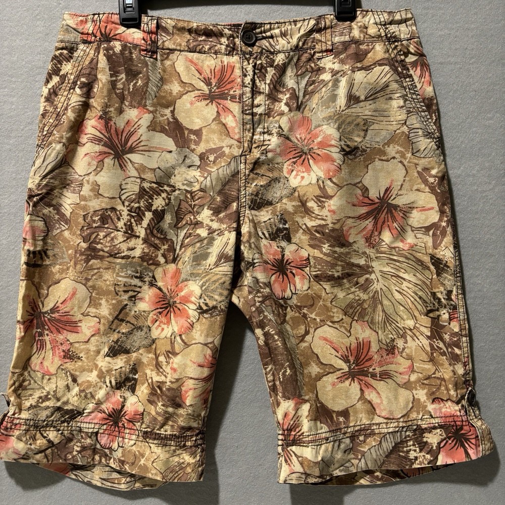 CARIBBEAN JOE Shorts Women Sz 14 Beige Floral Tropical Island Vacay Zip Bermuda
