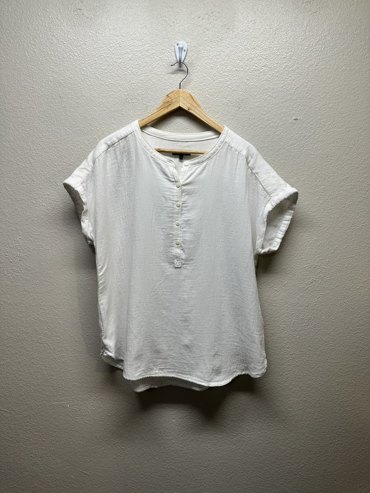 Quince Organic Cotton Gauze Henley Blouse White Roll Sleeve Top Women’s Large