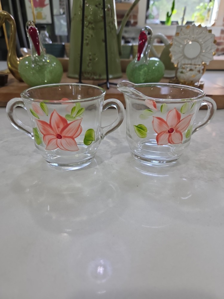 Vintage Bartlett Collins Gay Fad Pink Floral Design Glass Sugar Bowl & Creamer