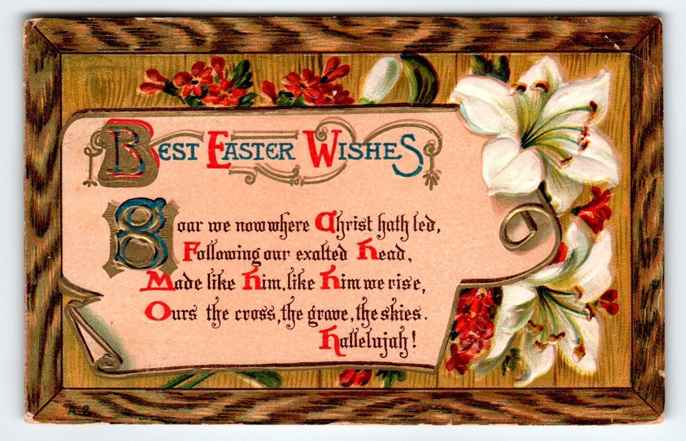 Best Easter Wishes Greetings Postcard Embossed Lily Flowers 1910 Antique Vintage