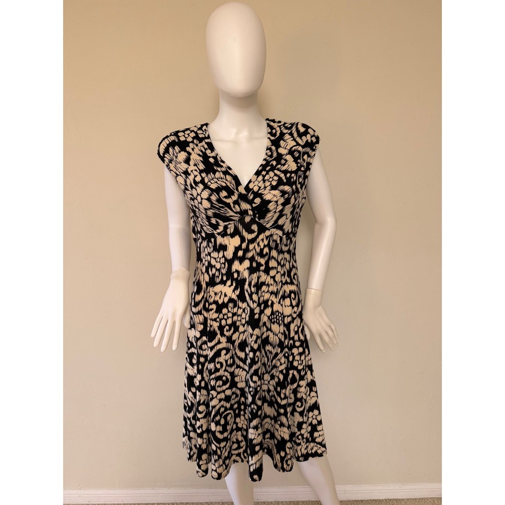 Jones New York Dress Womens Black Cream Ikat Floral VNeck A-Line Stretch Size 10