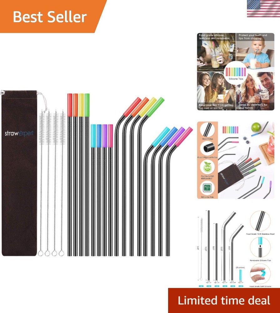 16-pack Stainless Steel Straws with Vibrant Silicone Tips & Cleaning Brushes
