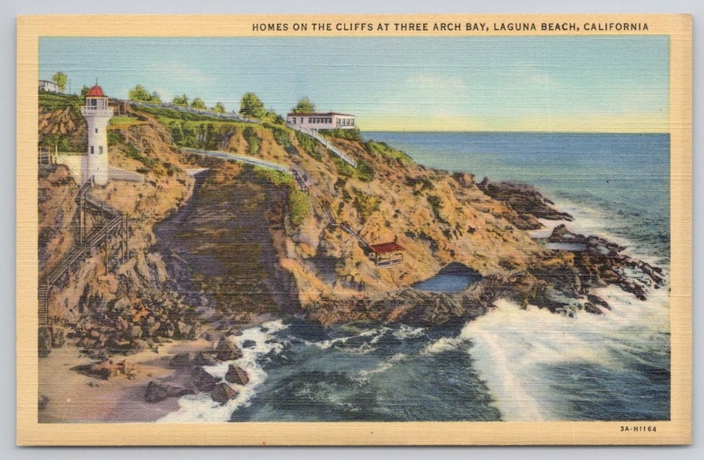 Laguna Beach CA Three Arch Bay Linen Postcard - Curteich Colortone