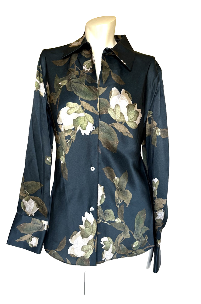 NWOT VINCE 'CAMELLIA' SILK FLORAL FOREST GREEN BLOUSE SIZE: S/P