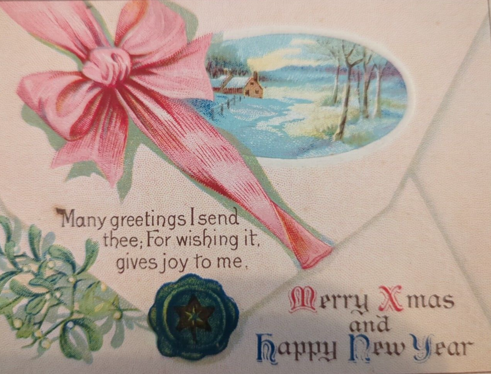 Merry Xmas & Happy New Year Faux Wax Sealed Antique Postcard Envelope