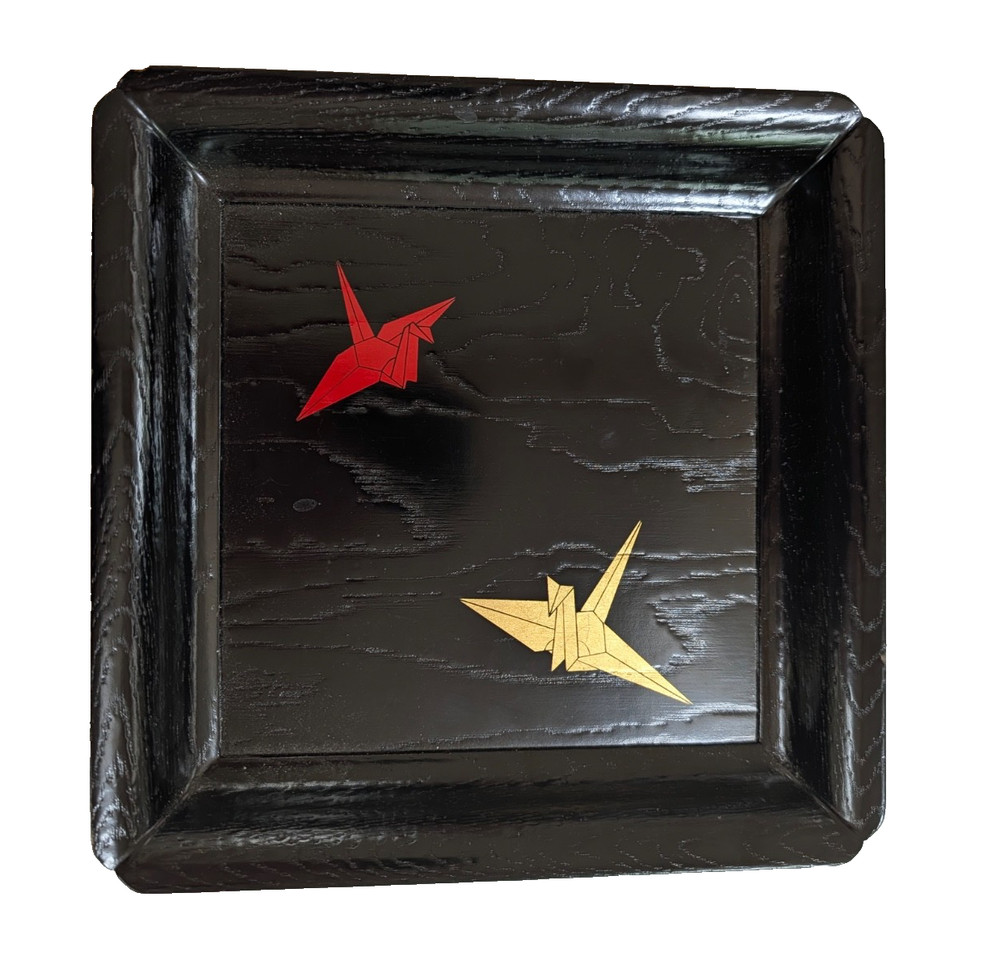 VTG Zohiko Kyoto Lacquerware Tray Origami Crane Maki-e Wood Obon Płatę Signed