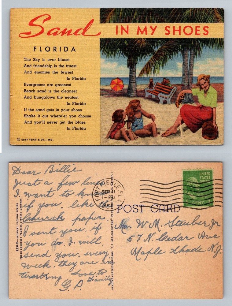 Sand in My Shoes Poem Florida Palm Trees Beach Scene Vintage Postcard
