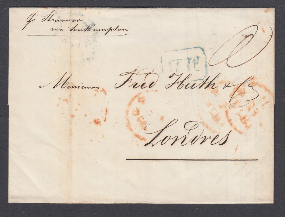 France, 1846 Stampless SFL, HAVRE-LONDON, green M.B handstamp, via Southampton