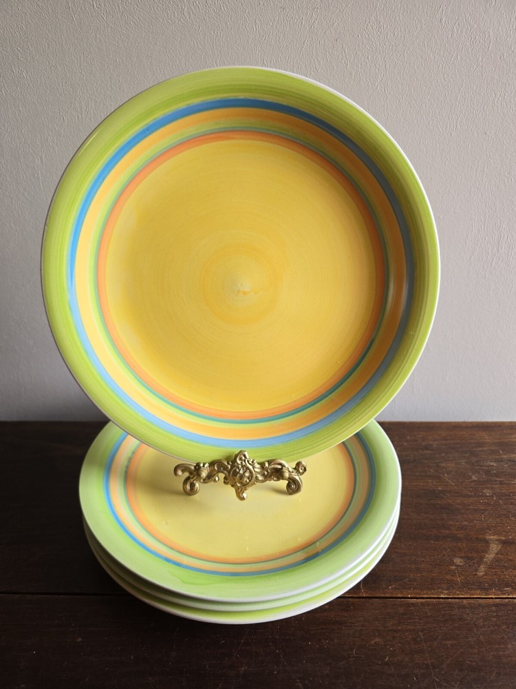Set Of 4  Royal Norfolk Green, Blue, Orange Bands,Yellow Center  Dinner Plates