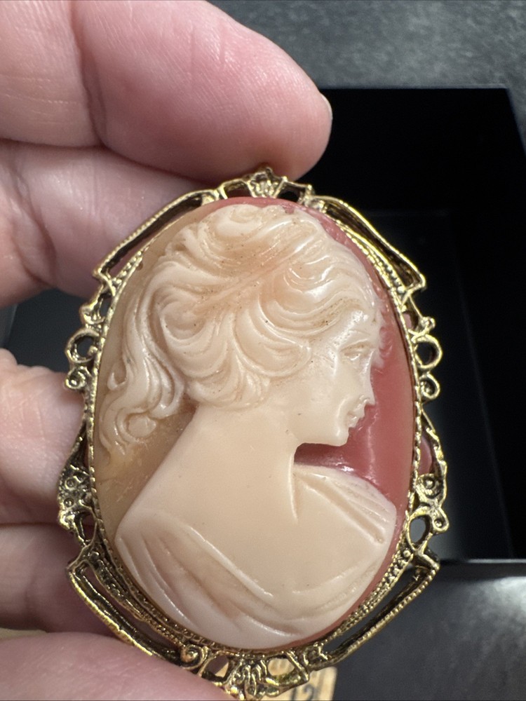 Vintage Resin Cameo Brooch Pink And White Gold Tone