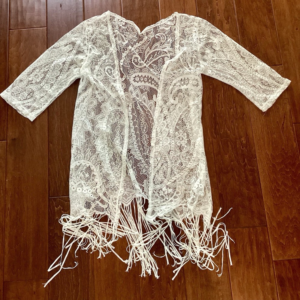 White Lace Fringe Kimono Cardigan Boho Sheer Cover Up Festival Beach Bohemian OS