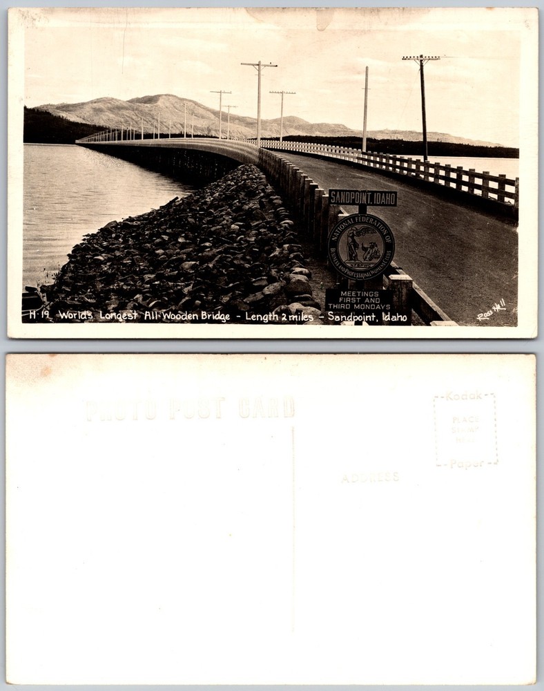 RPPC Longest All Wooden Bridge Sandpoint Idaho Photo Postcard