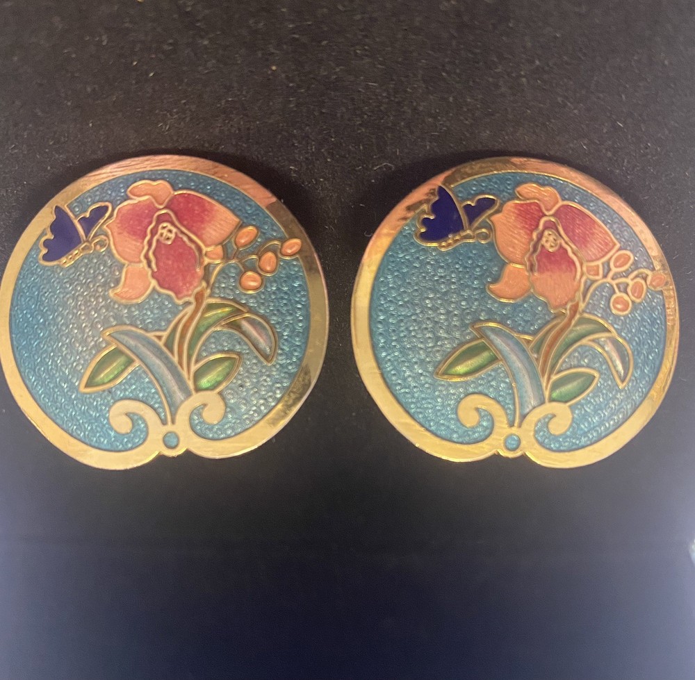 Vintage Cloisonne Enamel Earrings Featuring A Floral And Butterfly Desigh