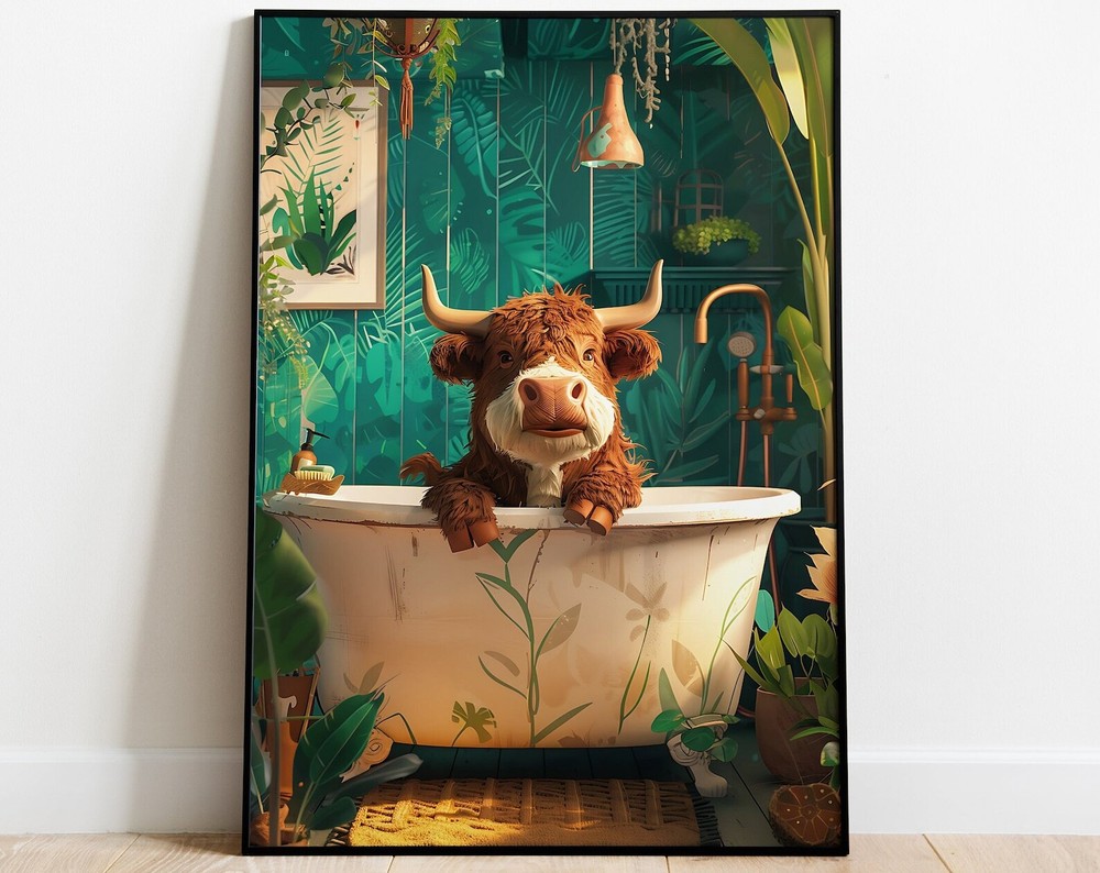 Scottish Bull In A Tub Bathroom Wall Art Botanical Animal Print Maximalist