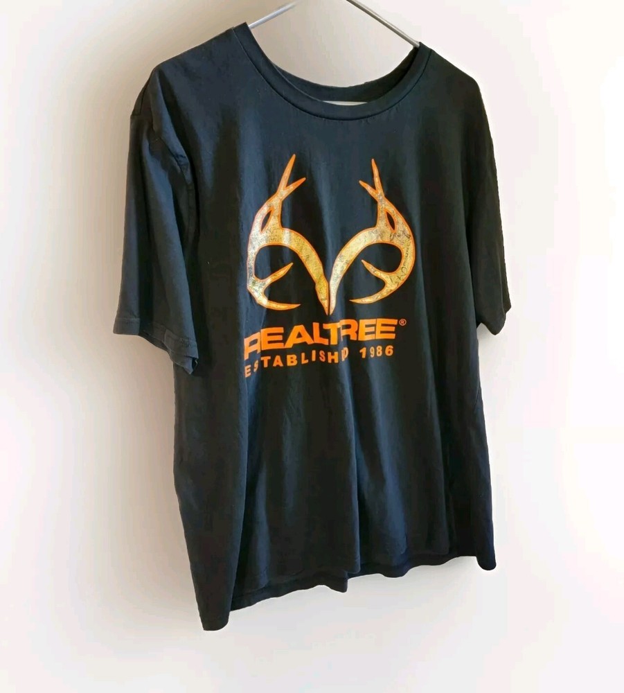 Real Tree T-Shirt  Short Sleeve Crew Neck Graphic Logo Black Orange Mens SZ XXL