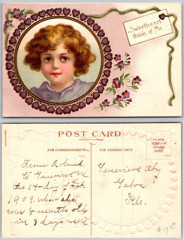 Galva IL Girl Portrait Heart Wreath Violets Postcard