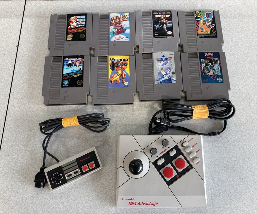 Nintendo NES 8 Game Lot w/ Standard & Advantage Controllers - Mario Bro Metroid