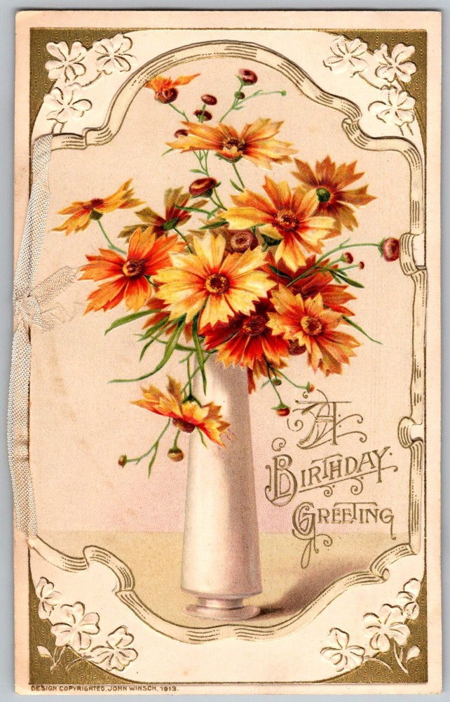 Antique Postcard Birthday Greeting Flowers Vase 1910s