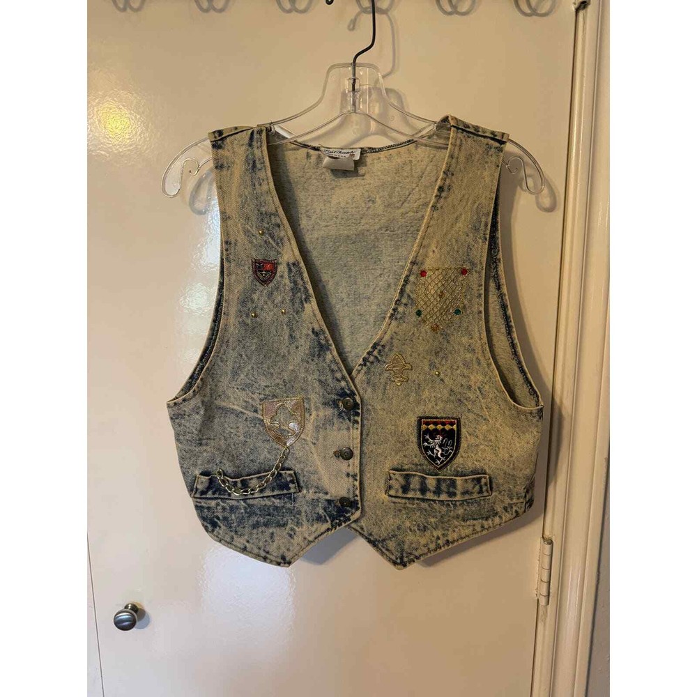 Acid washed 90s Enchante vintage denim blue jean vest with patches size medium-image