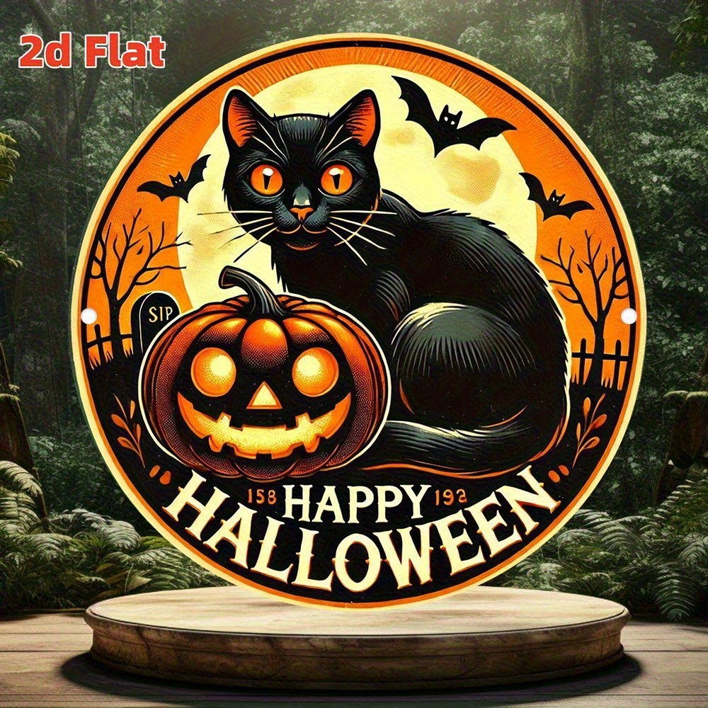 Vintage Halloween Metal Decor Black Cat Jack-O-Lantern Orange Background
