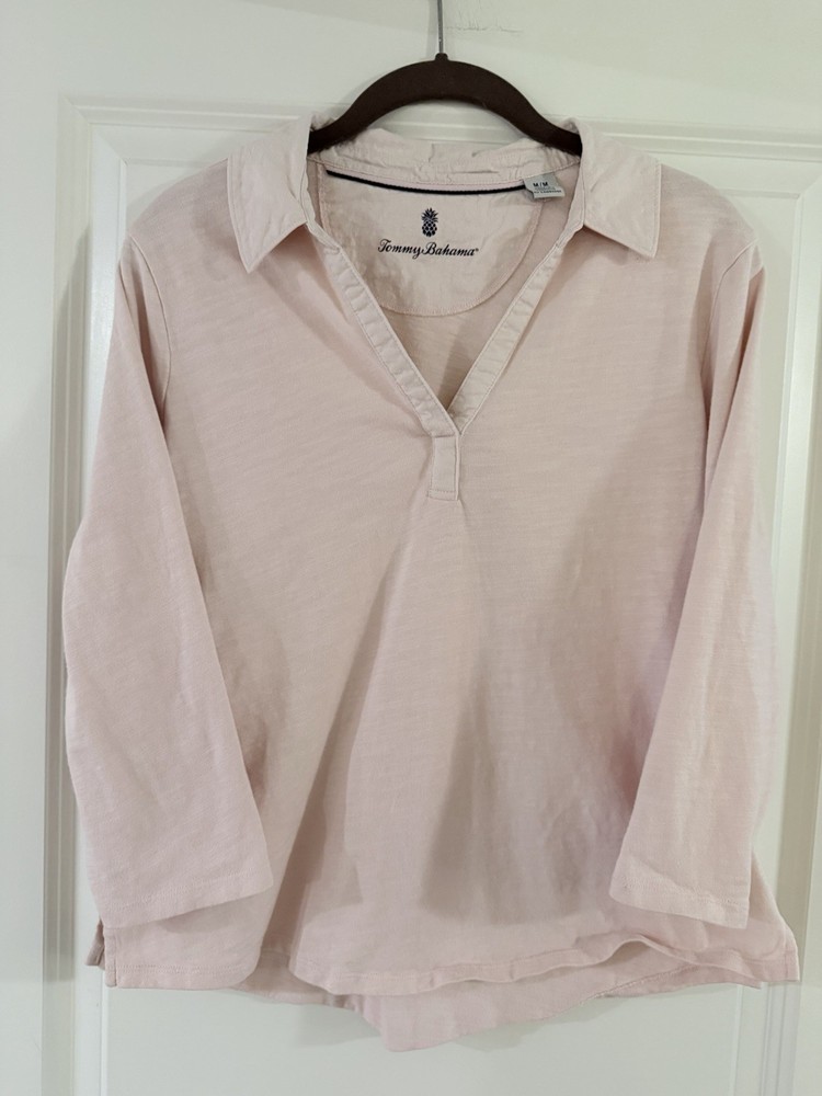 Tommy Bahama Pink Collared Knit Top Medium Resort Casual 3/4 Sleeve
