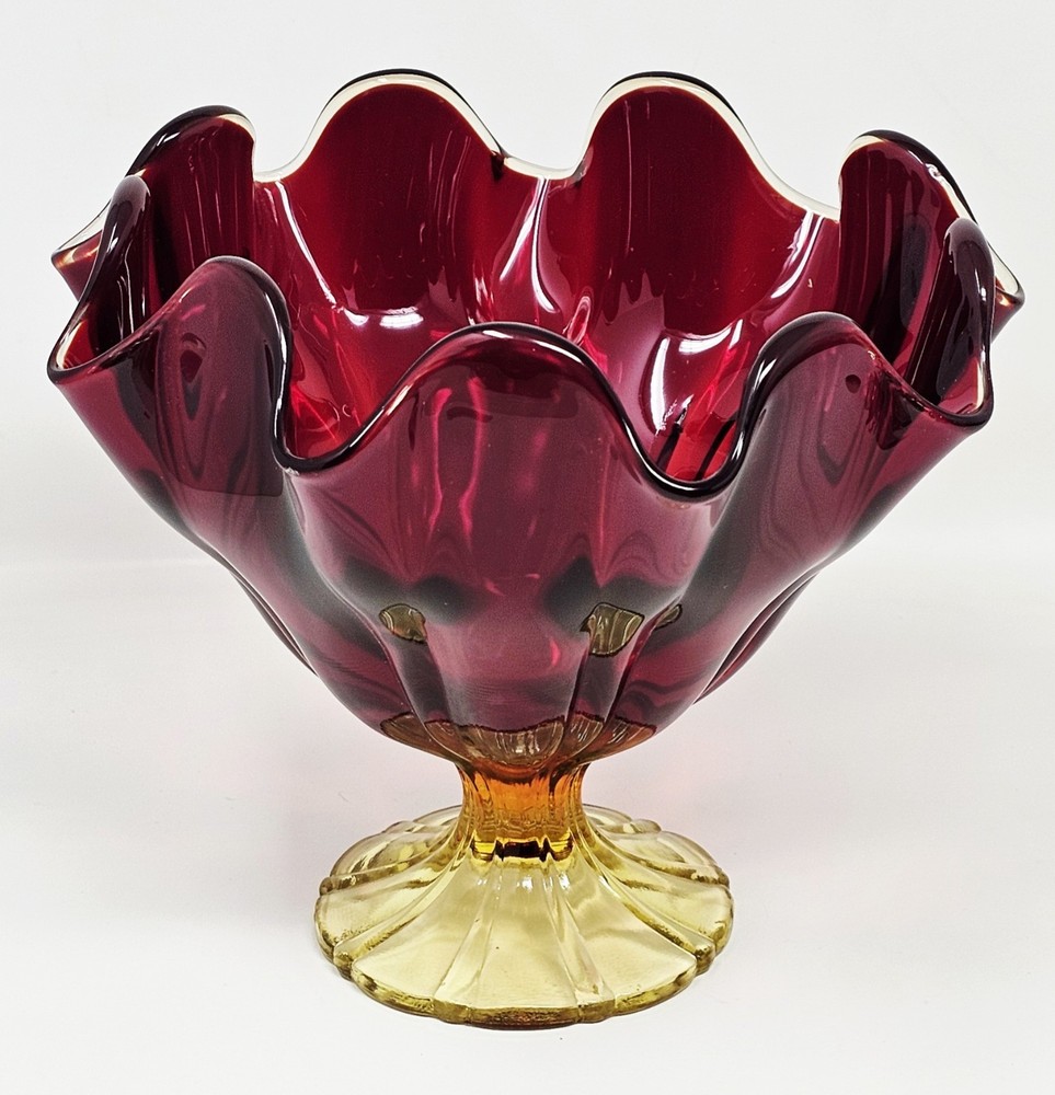 Art Glass LE Smith Simplicity Flame Ruffle Compote Pedestal Christmas Bowl MCM