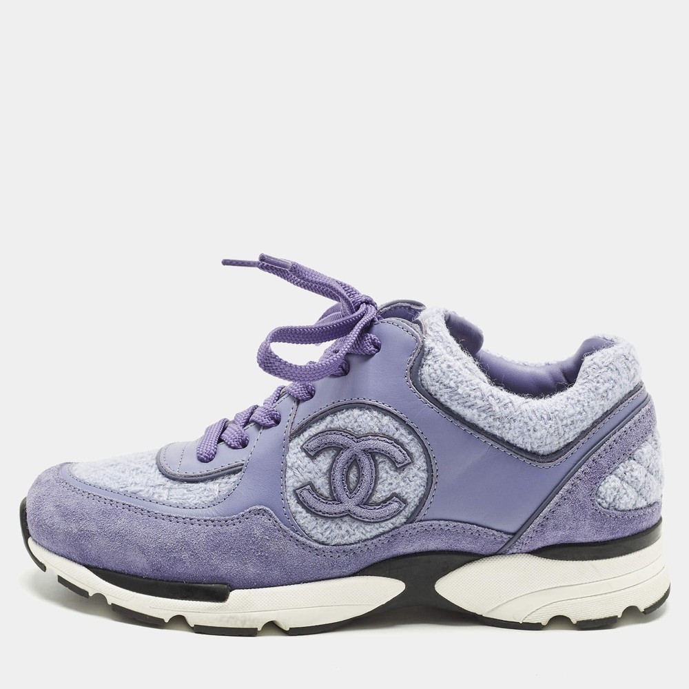 Chanel CC Size 38 Lilac Tweed and Leather Low Top Sneakers