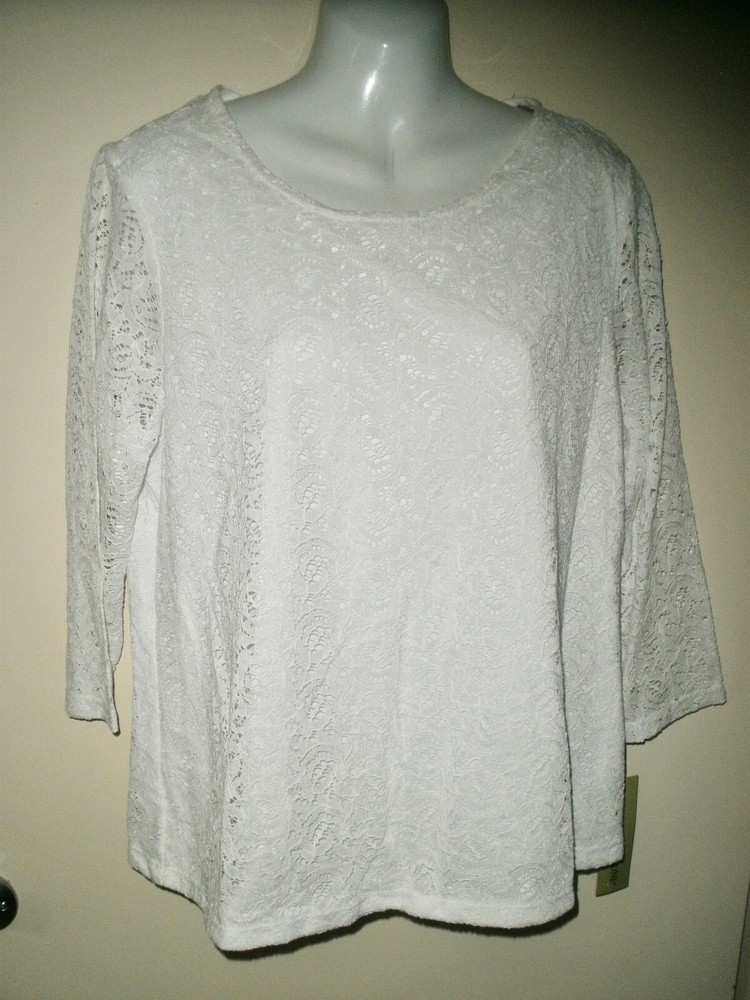 Rebecca Malone White Lace Overlay Misses Shirt Size L NWT #801