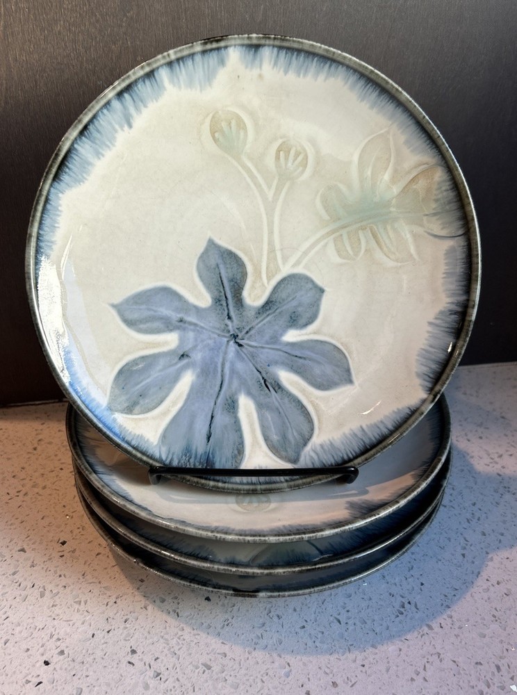 Set 4 Studio Pottery Floral Plates Hand Painted Blue Gray Japanese Stoneware Art