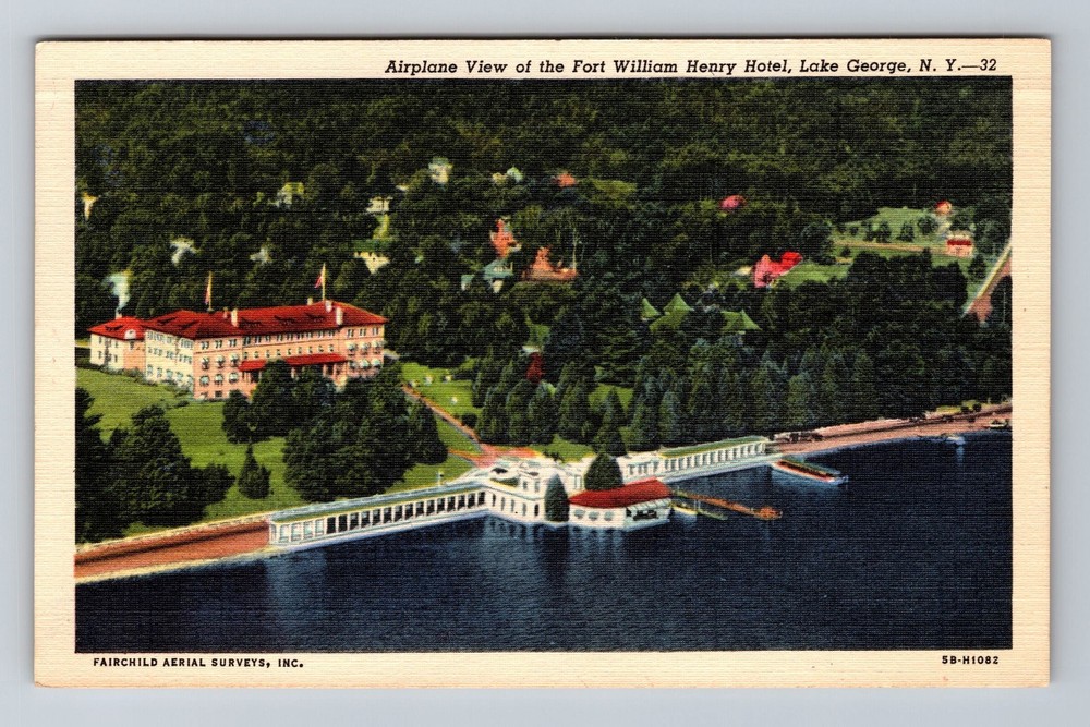Lake George NY-New York Aerial Fort William Henry Hotel Vintage c1949 Postcard