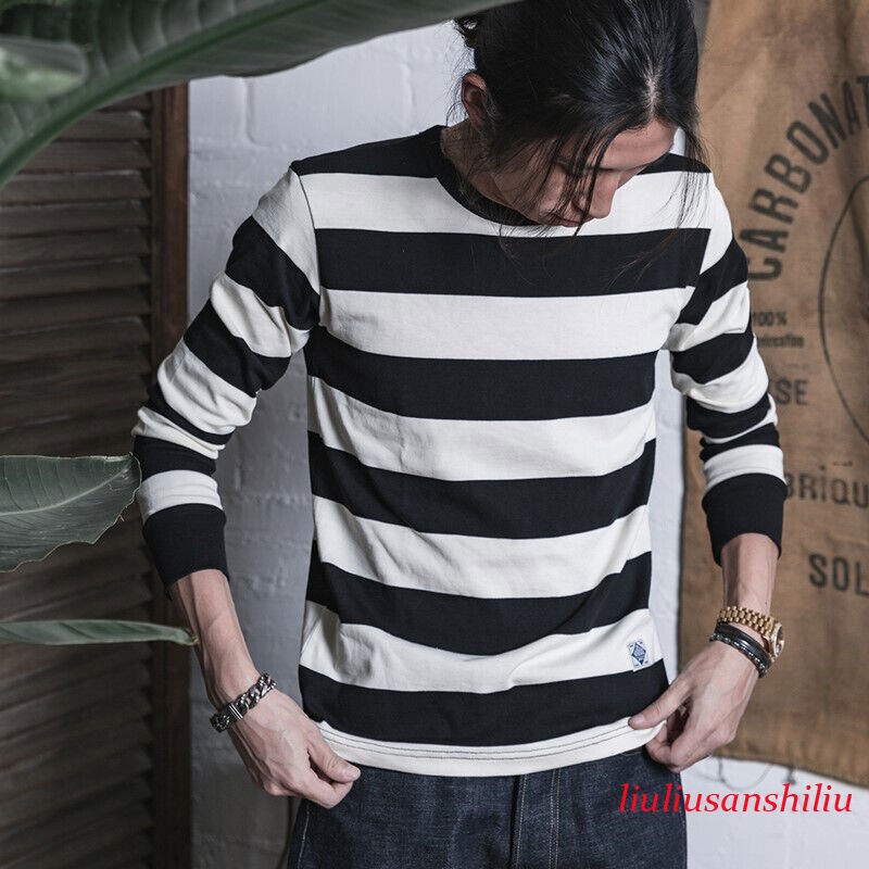 NON STOCK Men Prisoner Striped Long Sleeve T-Shirt Casual Cotton Crew Neck Shirt