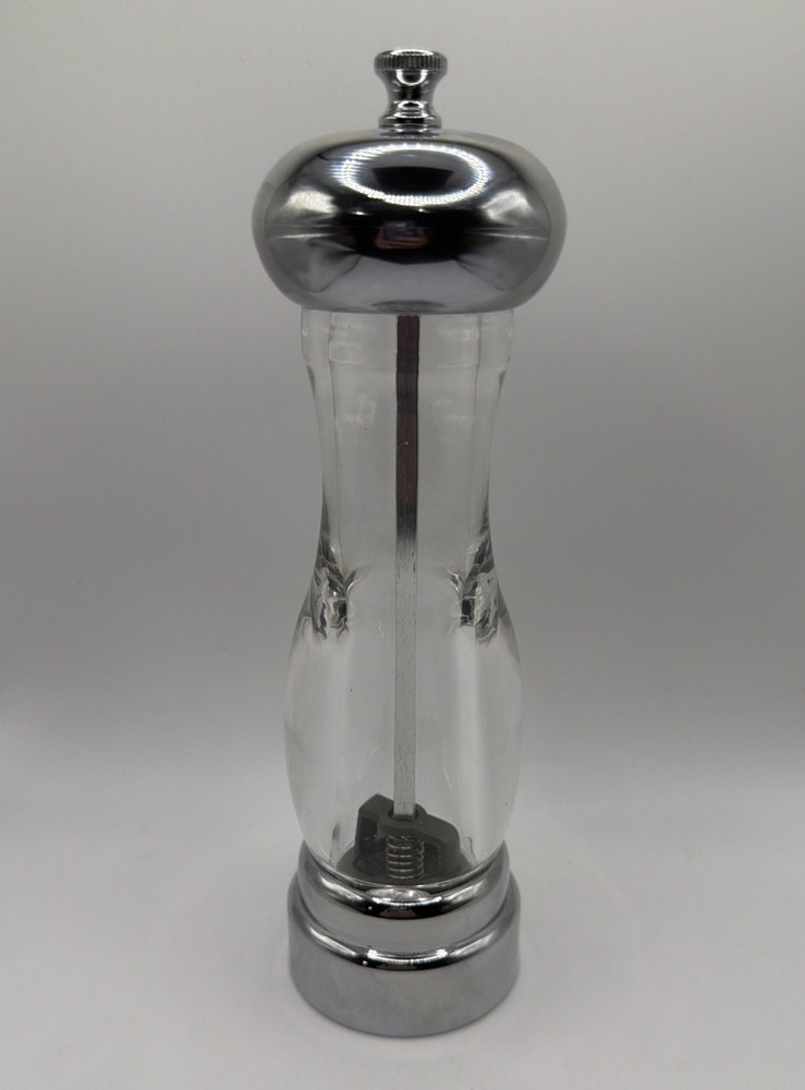 NWOT Olde Thompson Clear Acrylic / Chrome 10” Pepper Mill / Grinder Carbon Steel