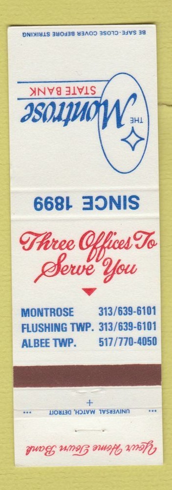 Matchbook Cover - Montrose State Bank Flushing Township MI?