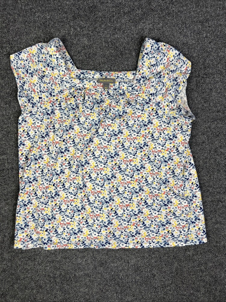 Style Co Large 100% Cotton Top  Square Neck Blue Yellow Flowers Short Sleeve