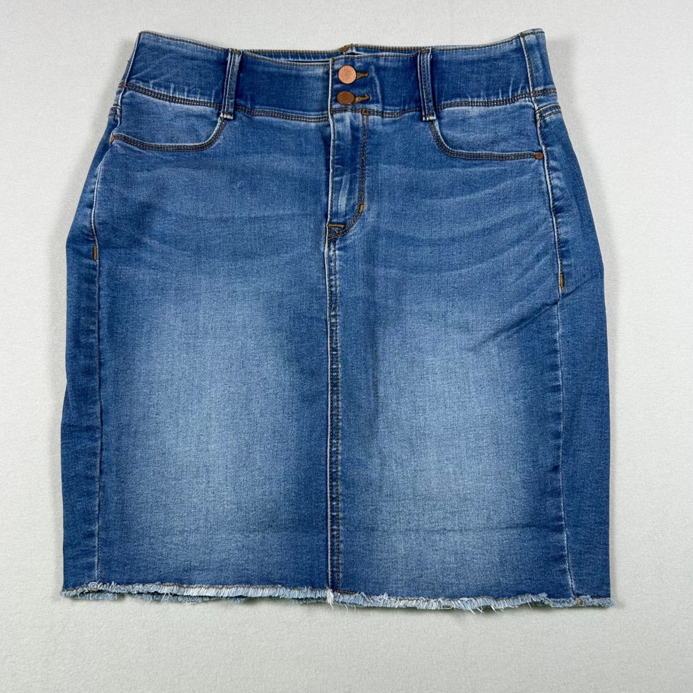 Apt 9 Women’s Denim Skirt Size 10 Blue Stretch Jean Pencil Midi Frayed Hem