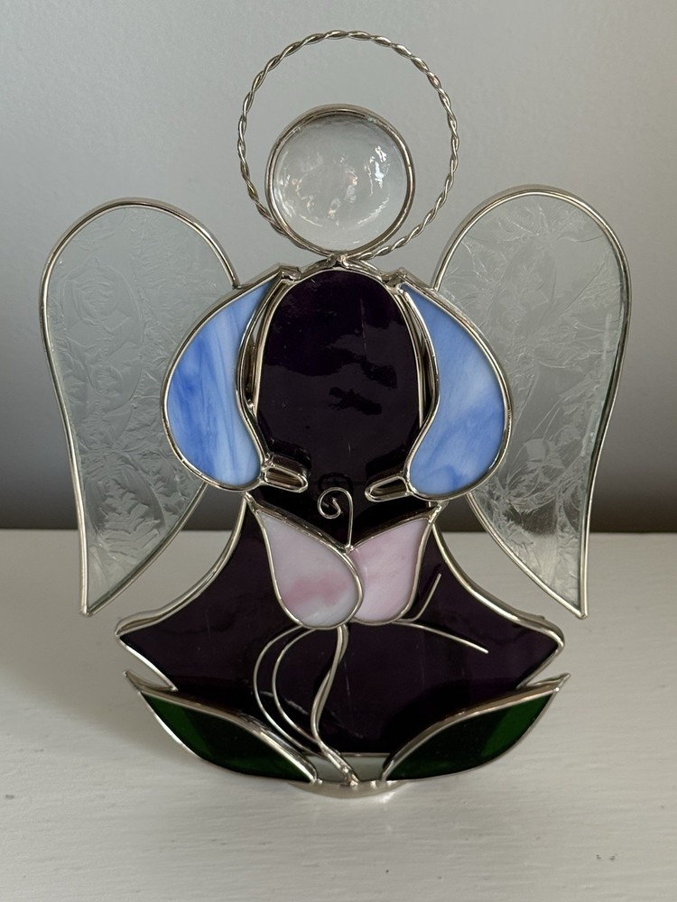 Vtg Stained Glass Angel Tealight Candle Holder Freestanding