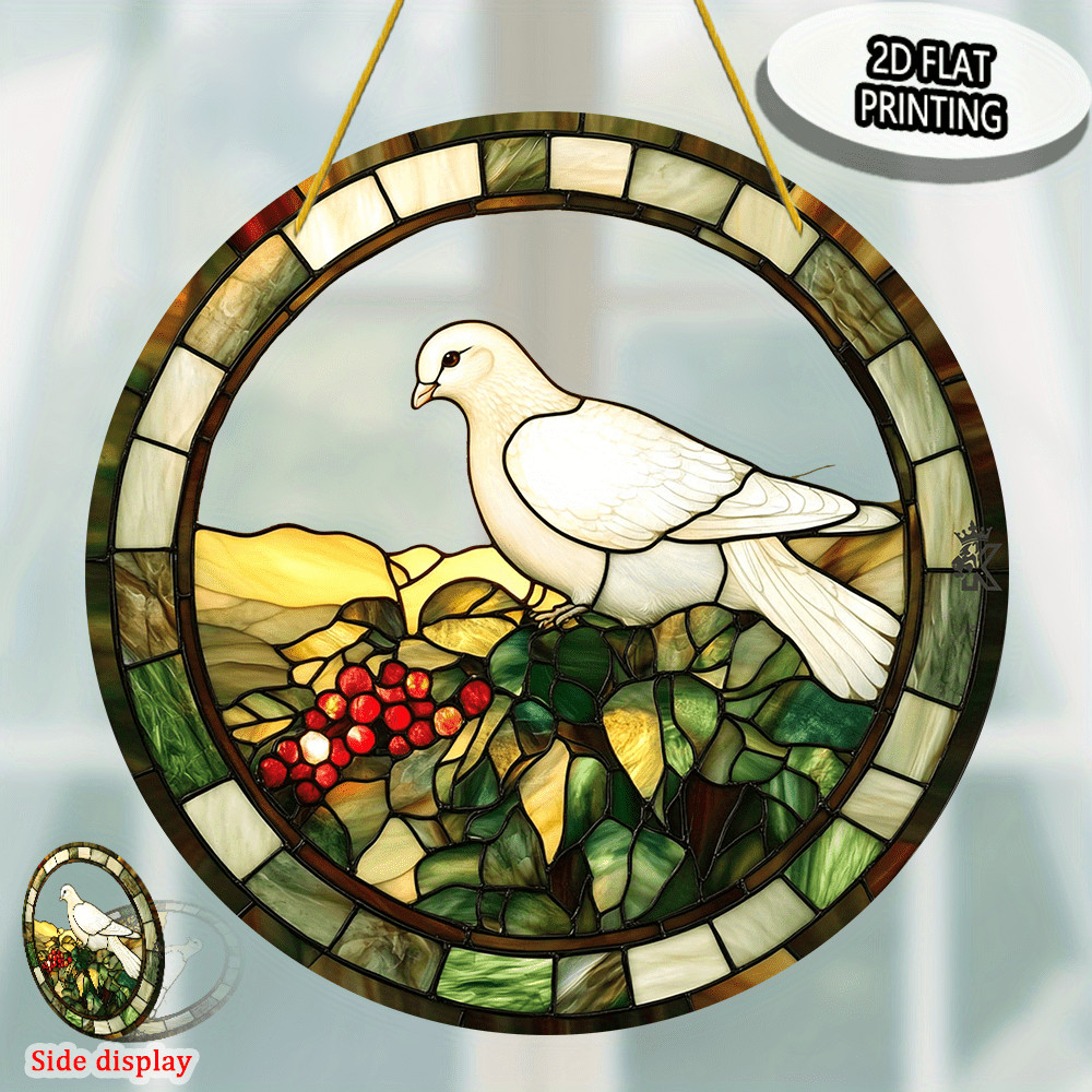8x8 White Dove Berries Suncatcher Stained Glass Valentines Spring Gift