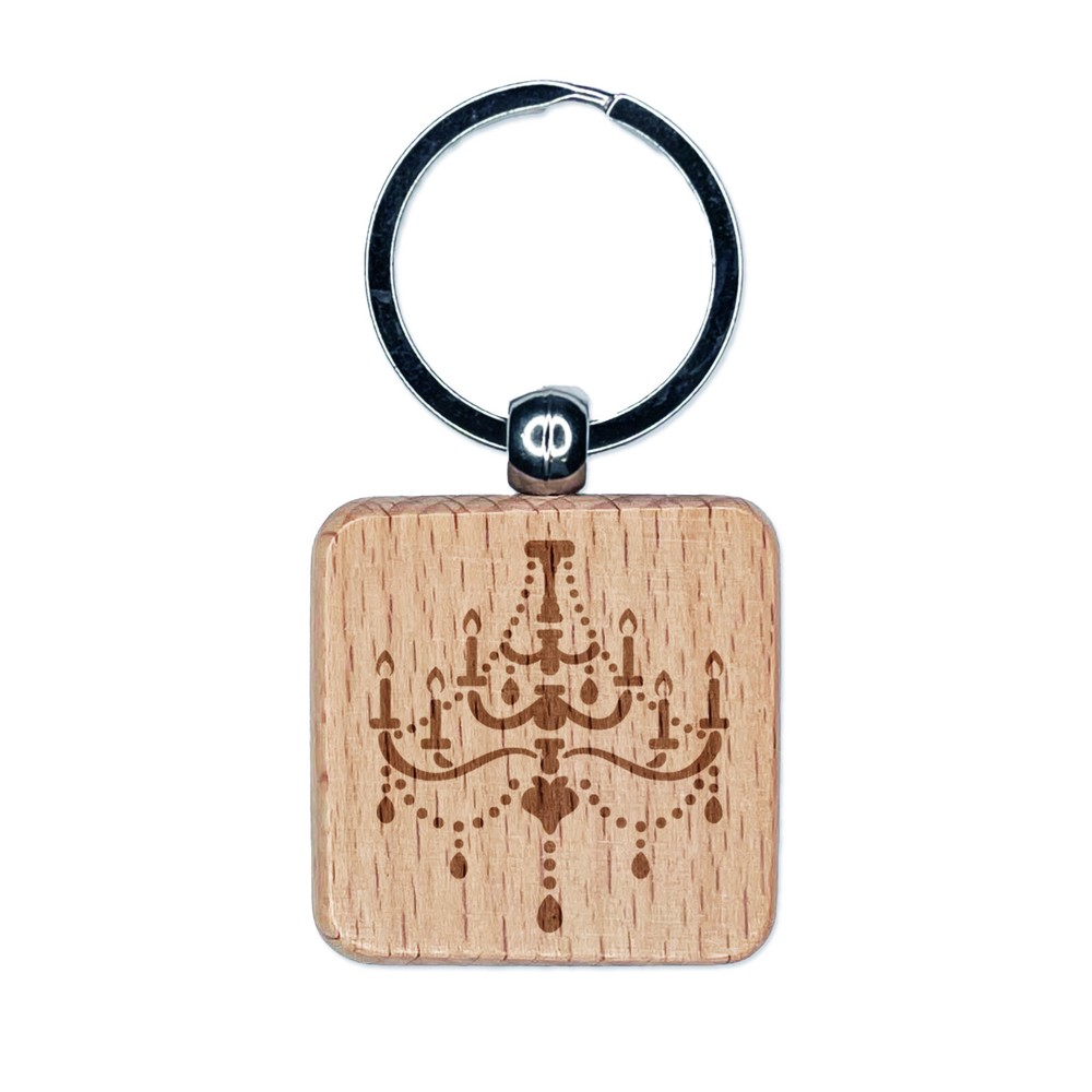 Elegant Candle Chandelier Engraved Wood Square Keychain Tag Charm