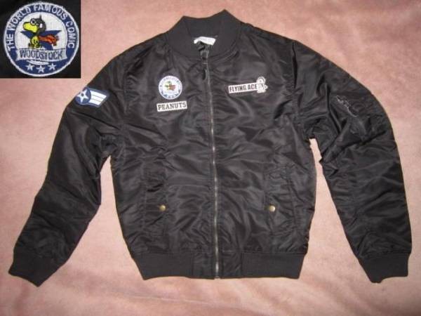 Peanuts Snoopy Flying Ace MA-1 Jacket Black L Embroidered Patch New Rare