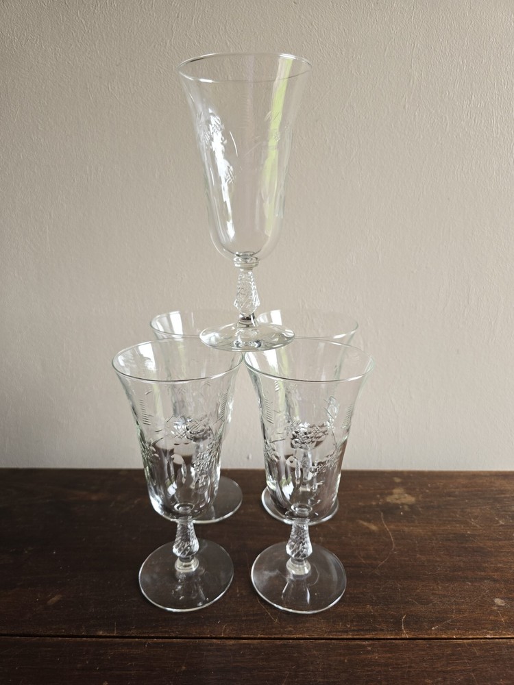 Set Of 5 VTG Libbey Rock Sharpe Etched Crystal Teardrop Stem Water/Wine Glasses