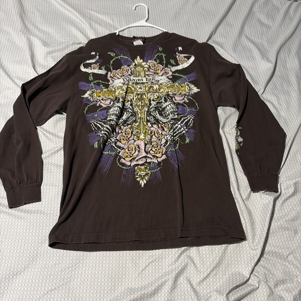 Y2K Grunge Goth Miami Ink Faded Black Shirt Long Sleeve Tattoo Skull Size XL