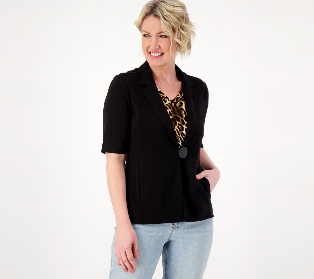 Susan Graver Women's Top Sz S LK Fusion Elbow-Sleeve Blazer Black A602034
