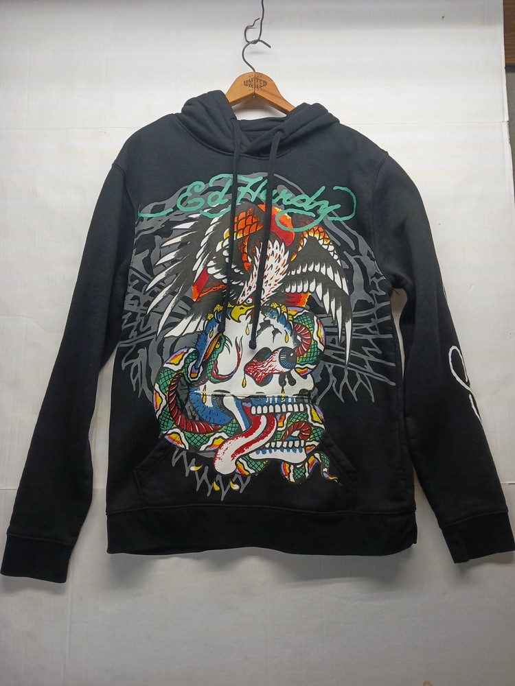 Ed Hardy Mens Black Fleece Hoodie Size M Eagle Skull Graphic Pullover