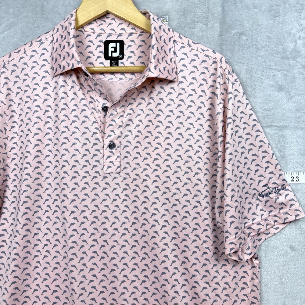 FootJoy FJ Pink Dolphin Print Golf Polo Shirt M Performance Stretch Short Sleeve