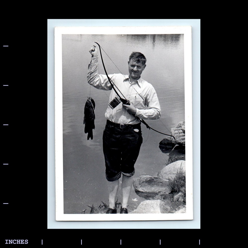 Old Vintage Photo MAN BOW FISHING AT LAKE