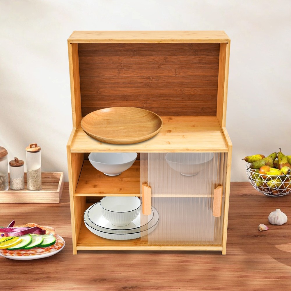 Durable Adjustable Kitchen Storage Cabinet with Sliding Doors & Tiered Shelves