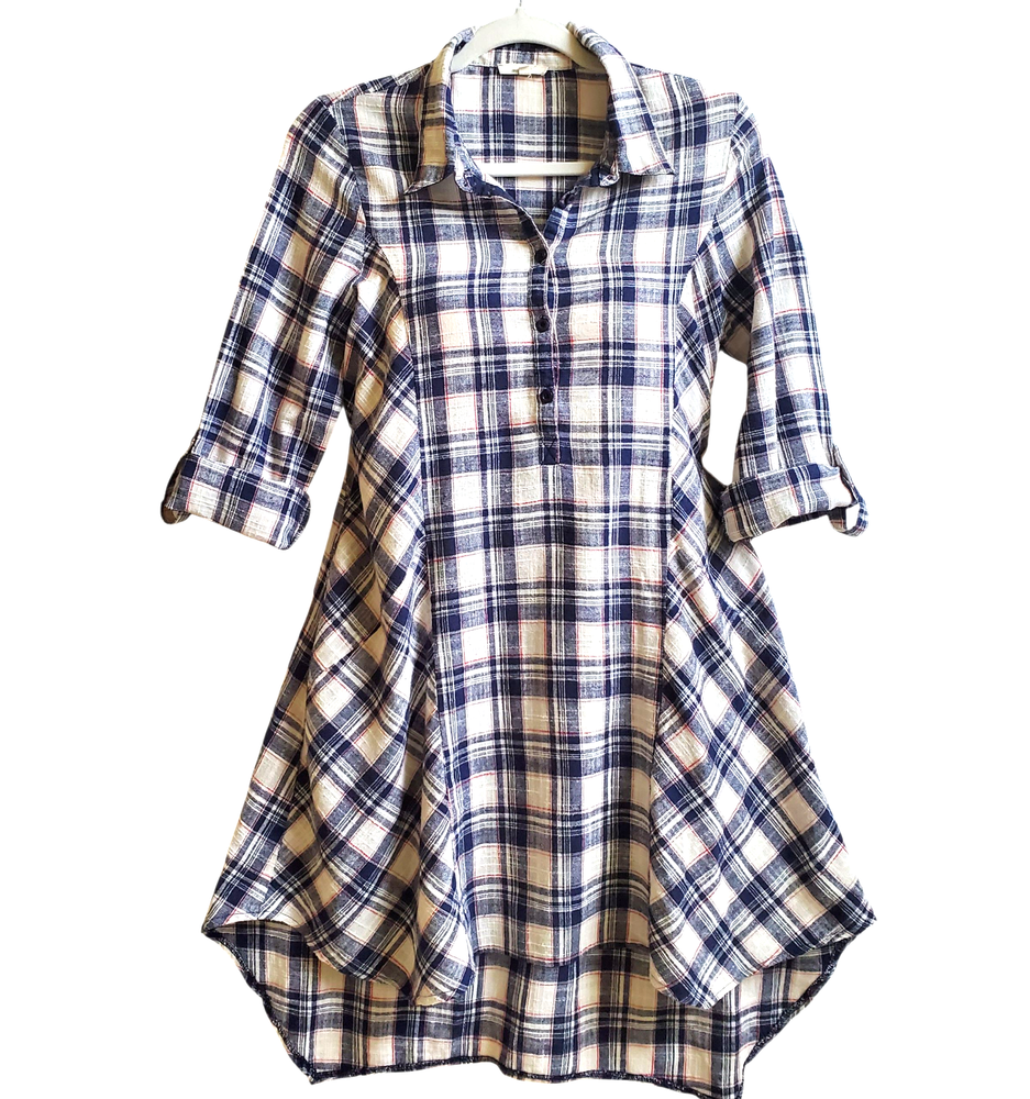 MYSTREE Women's Plaid Dress Small Blue White Button Up Boho Hippie 3/4 Sleeve